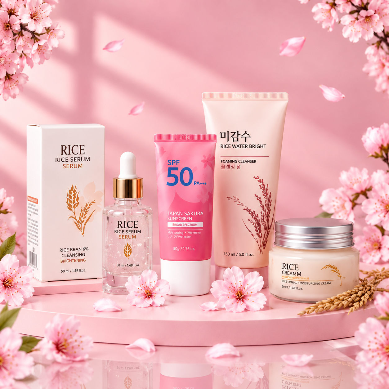 Glass Skin Rice Combo( 𝐑𝐢𝐜𝐞 𝐖𝐚𝐭𝐞𝐫 𝐂𝐥𝐞𝐚𝐧𝐠𝐢𝐧𝐠+ 𝐑𝐢𝐜𝐞 𝐌𝐨𝐢𝐬𝐭𝐮𝐫𝐞 𝐂𝐫𝐞𝐚𝐦+ Rice kin Beauty Essence+Laikou Japan Sakura Sunscreen)