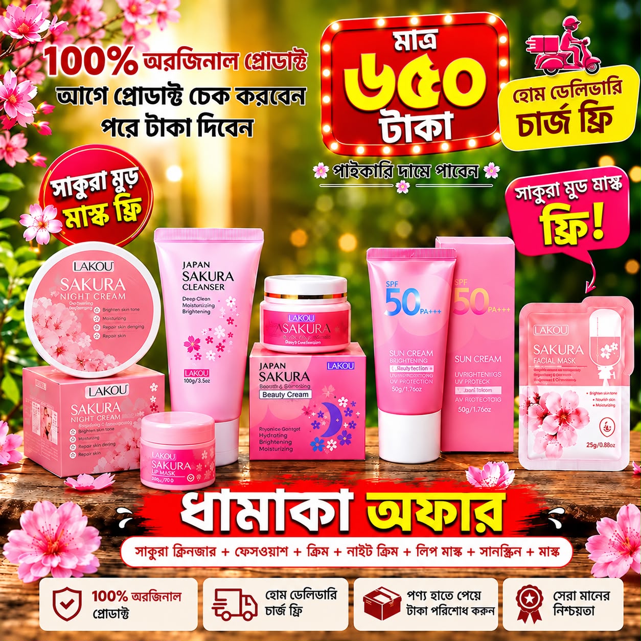 Laikou Japan Sakura Skincare 6 Pcs Set (Cleanser+Mud Mask+Night Cream+Body Cream+sunscreen+laneige lip balm )